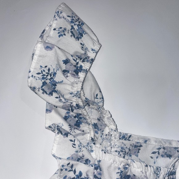 White and blue ruffle shoulder floral printed womens crop  top size xl - Picture 5 of 9